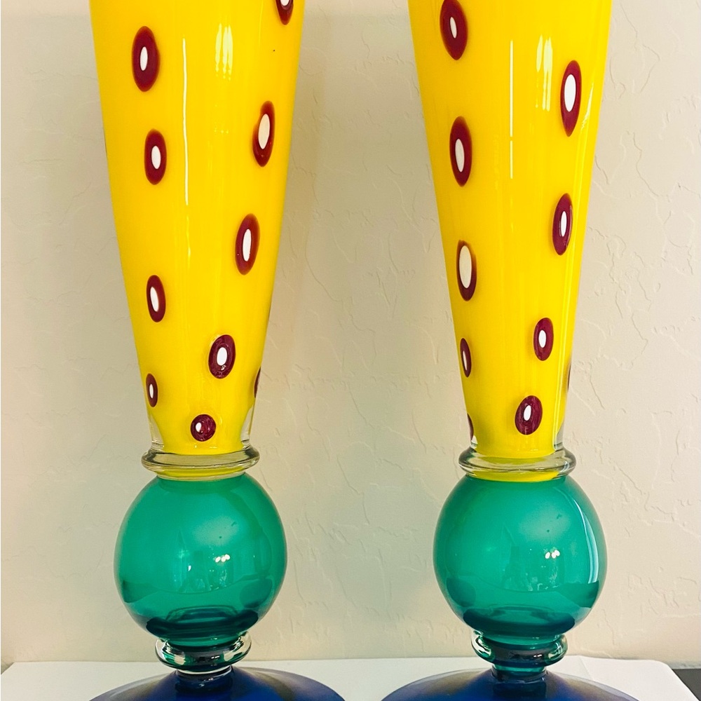 Set of 2 Pinkwater Glass Vases Yellow Sea Green Blue Rare Gorgeous!! 13 3/4”